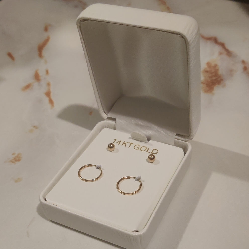 Reserved 14k Yellow Gold Petite Circle Ball Stud and Huggies Earrings Set